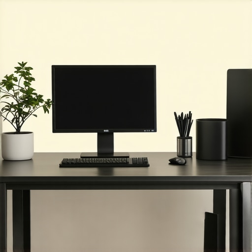 Contemporary home office illuminated with smart, high CRI LED lighting, showcasing layered illumination and color adaptability