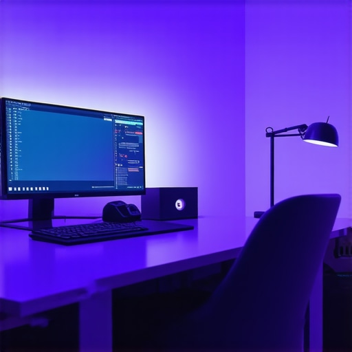 Advanced Workspace Lighting Setup in Modern Office Elegant workspace featuring layered LED and circadian lighting, bias lighting behind monitor, and stylish desk lamps.