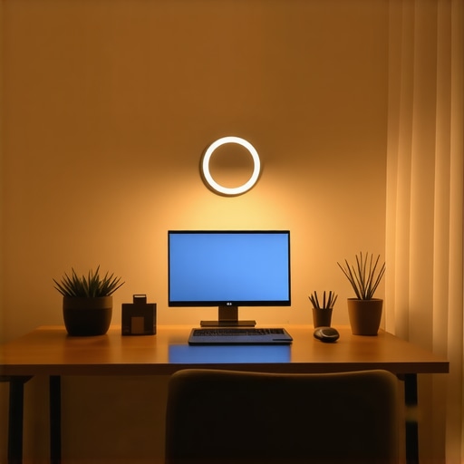 Home office with layered lighting, ring light, LED strips, and ergonomic furniture.