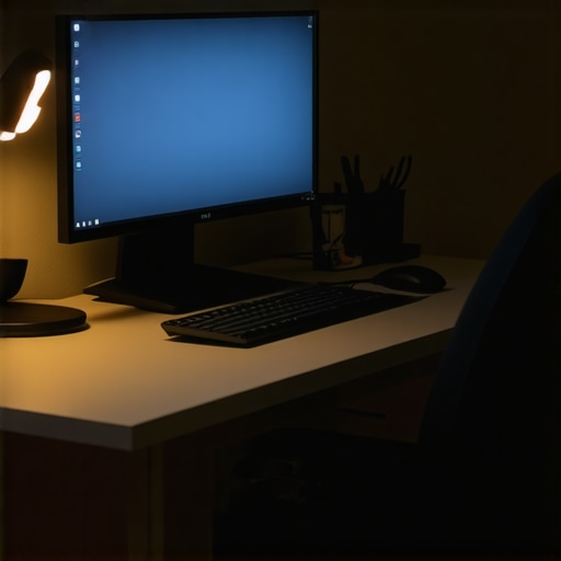 A modern ergonomic workspace featuring adjustable LED desk lamp and bias lighting behind monitor