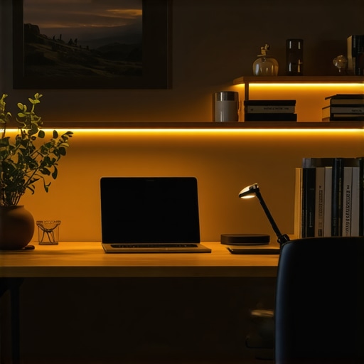 Home office with layered lighting setup showing ambient, task, and accent lighting