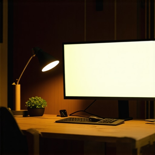 Home office illuminated with layered LED and bias lighting, modern workspace setup