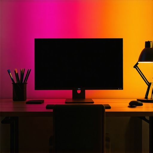 Home office with layered LED lighting, bias lighting, and adjustable desk lamp for optimal productivity