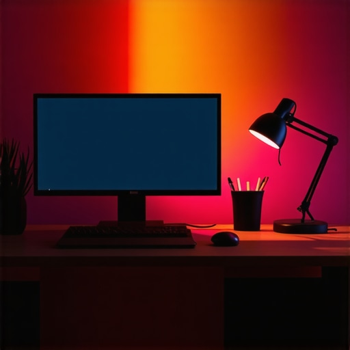 Modern workspace with layered LED lighting, adjustable desk lamp, ambient light, and computer setup