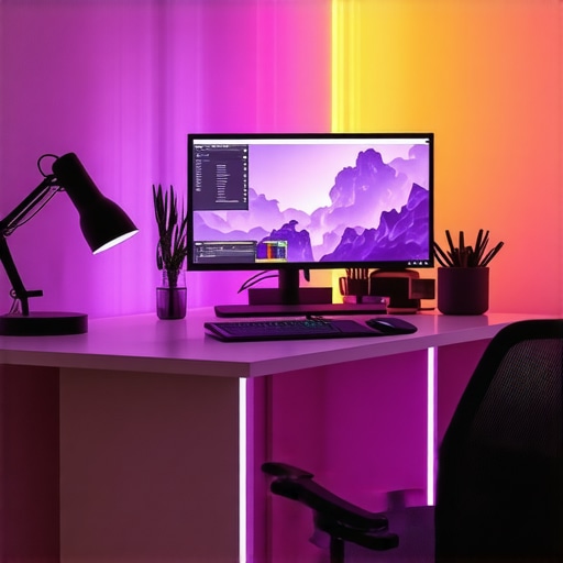 A modern home office showing layered lighting with LED desk lamp, bias lighting, and color-changing LED strips.