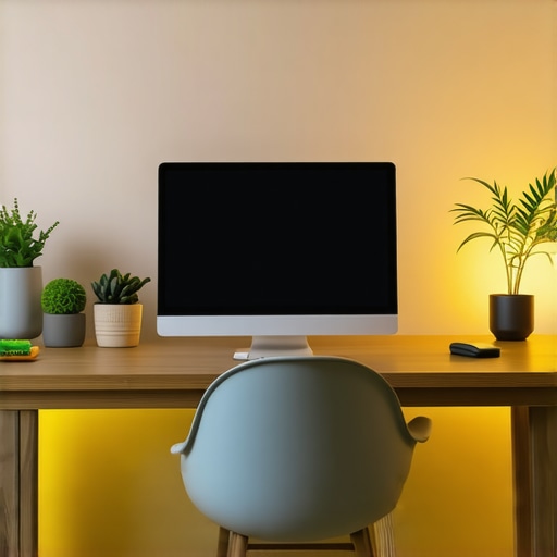 Contemporary home office illuminated with layered LED lighting including bias light and adjustable desk lamp