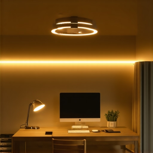 A home office with layered lighting including ceiling, desk, and ambient LED lights.