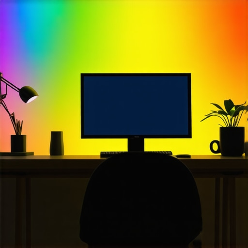 A futuristic home office illuminated by adaptive smart lights with color-changing capabilities