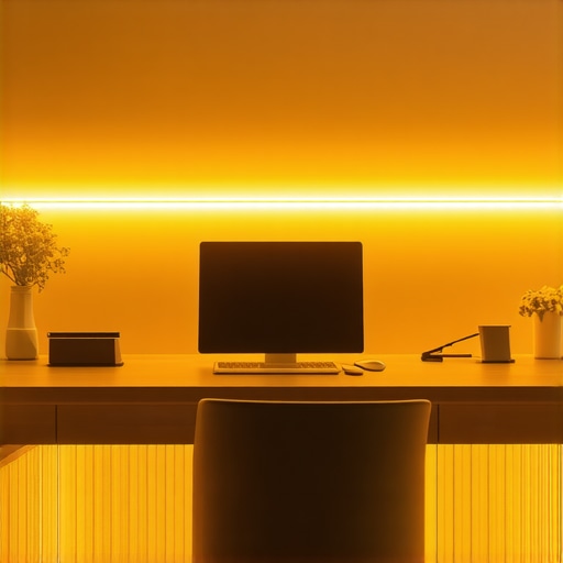 Modern workspace featuring smart LED lighting with customizable layers and controls.