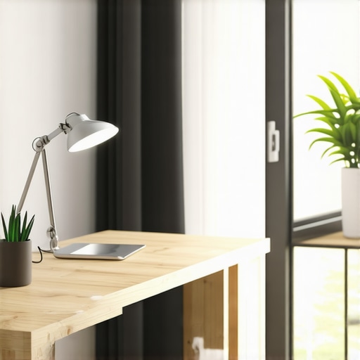Contemporary home office illuminated by LED desk lamp and ring light, emphasizing workspace productivity and aesthetics