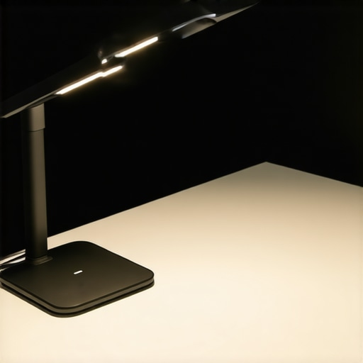 A modern adjustable LED desk lamp illuminating a workspace with warm and cool light settings.