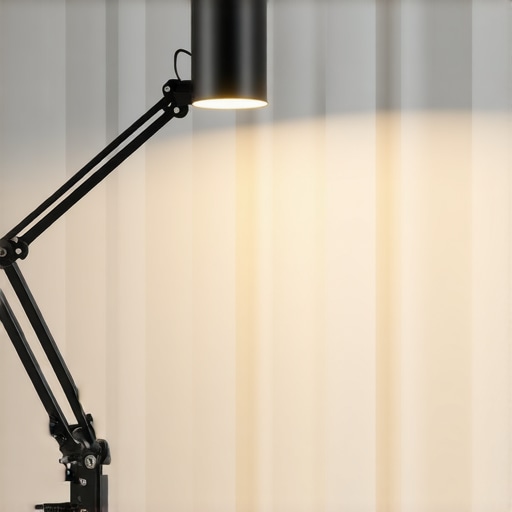 Close-up of a sleek, adjustable LED desk lamp with tunable color temperature illuminating a workspace.