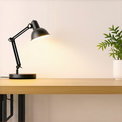 Home office with ring light and LED desk lamp illuminating workspace