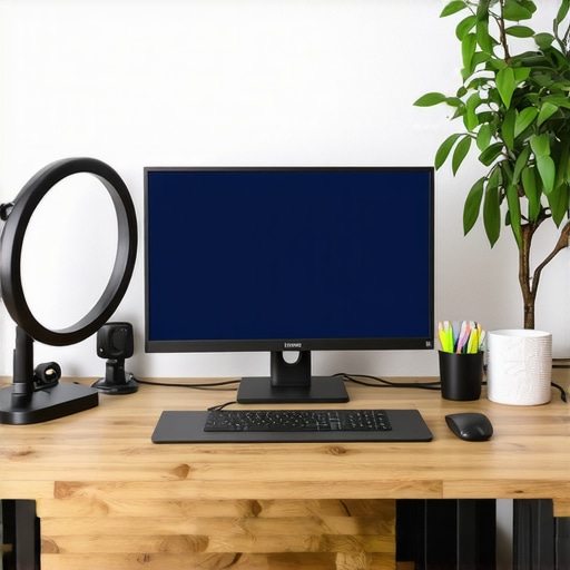 A modern home office with a ring light, LED desk lamp, and bias lighting arranged for optimal workspace illumination.