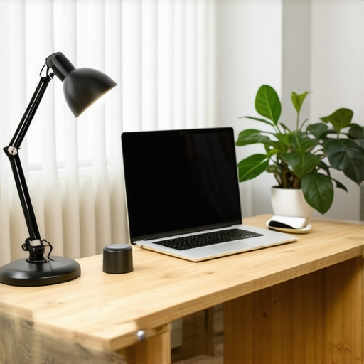 Home office with ring light and desk lamp for optimal workspace illumination