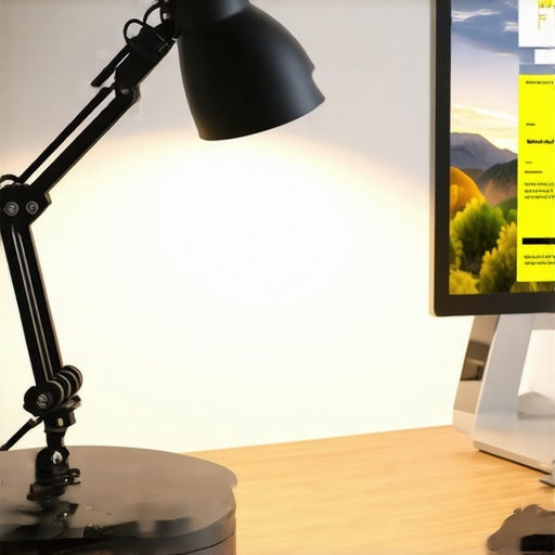 Clean and well-maintained LED desk lamp and ring light in a modern home office setting.