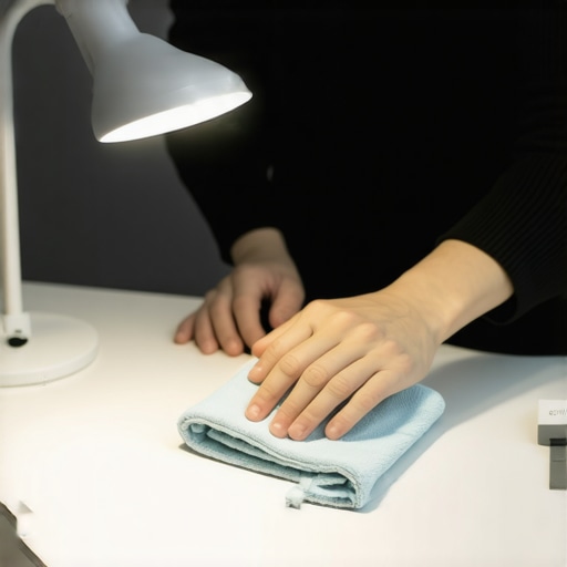 Person cleaning a modern LED desk lamp to ensure optimal performance