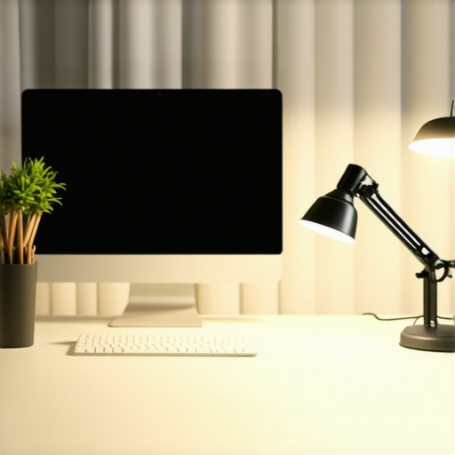 Home office setup with ring light and LED desk lamps providing bright, even lighting.