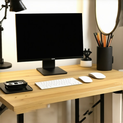 A modern home office scene showcasing adjustable desk lamp, ring light, and bias lighting for effective workspace illumination