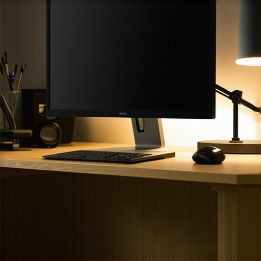 A well-lit home office with desk lamp, bias lighting, and ring light