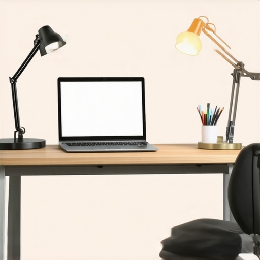 Bright modern home office featuring LED desk lamp, bias lighting, and ring light