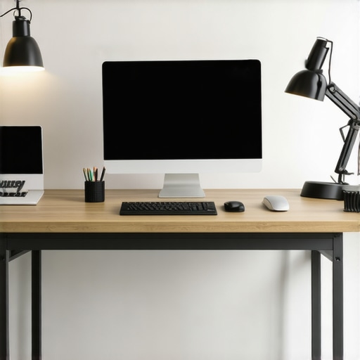 A well-lit home office with adjustable LED lamps and ring light for professional video calls