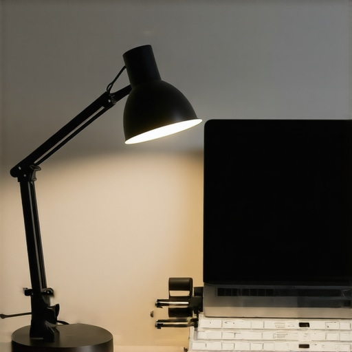 A modern home office with LED lamp and bias lighting showing even, bright illumination