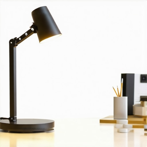 A well-organized home office desk with adjustable LED lamp and ring light for perfect lighting.