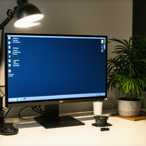 Modern home office with LED desk lamp and bias lighting for improved focus and comfort