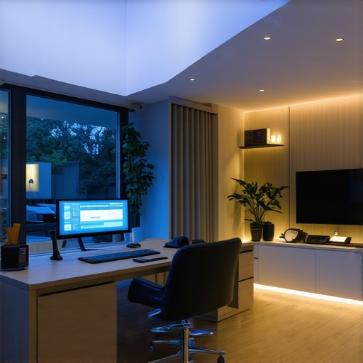 Modern workspace with layered LED lights and smart control interface