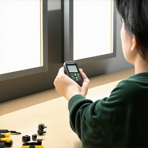 Person maintaining workspace lighting with tools and lux meter.