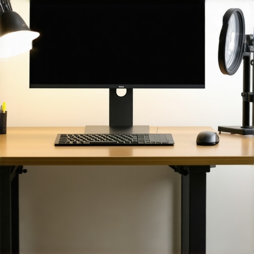 Modern home office with LED lighting including desk lamp, bias strip, and ring light