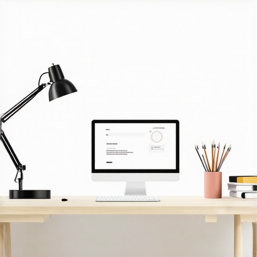 Home office with balanced desk, bias, and ring lights for productivity