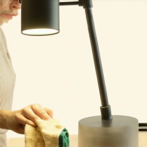 Person dusting a sleek LED desk lamp in a tidy home office environment