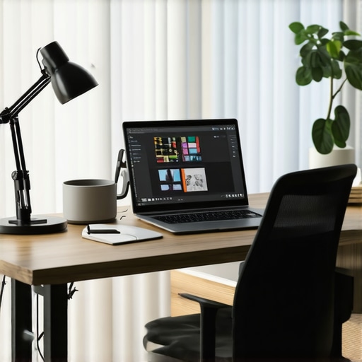 Home office with adjustable LED lighting featuring desk lamp, ring light, and bias lighting