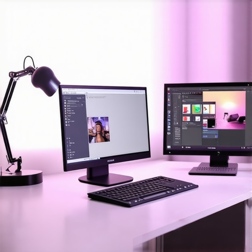 Modern home office with layered lighting including desk lamp, bias lighting, and ring light.