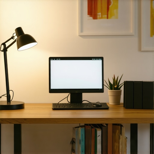 Home office illuminated with a desk lamp, ring light, and bias lighting for productivity