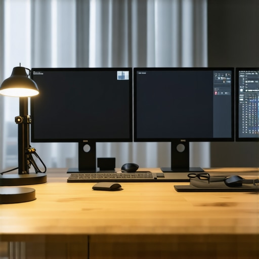 Modern workspace featuring a high-CRI LED lamp and balanced layered lighting setup for professional video recording.