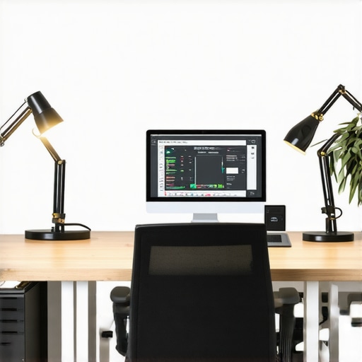 A contemporary home office featuring adjustable LED lighting and automation systems to optimize workspace illumination