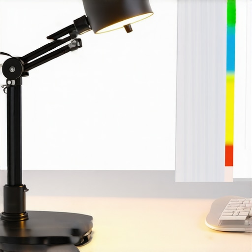 Modern desk with smart LED lamp adjusting color temperature