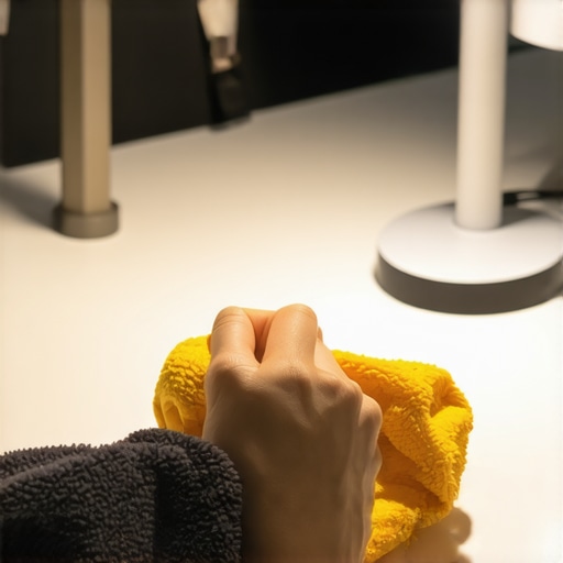 Person cleaning LED desk lamp to ensure optimal performance