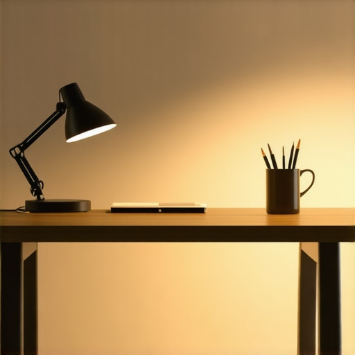 A well-lit modern workspace demonstrating layered desk, bias, and ambient lighting for optimal comfort.