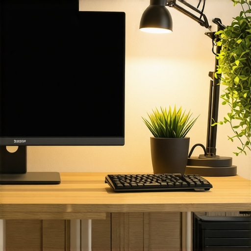 A sleek, well-lit computer desk with high-quality lighting accessories