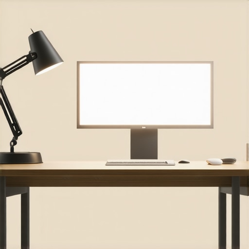 A well-organized home office demonstrating effective placement of lighting sources to reduce glare on glasses.