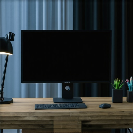 Optimized Workspace Lighting Setup A well-lit home office featuring adjustable LED desk lamp, bias lighting, and strategic light positioning for better productivity.
