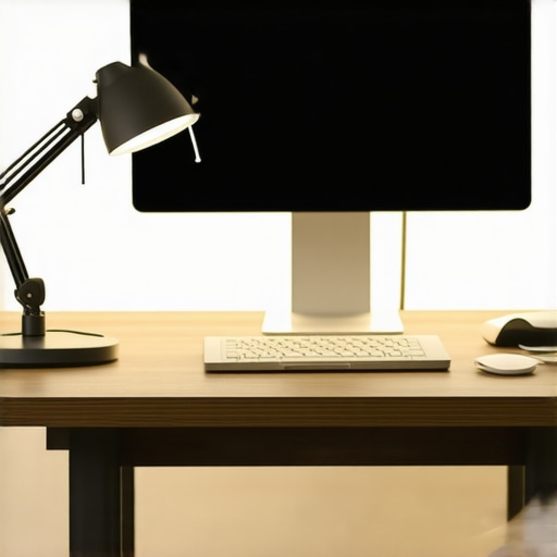 A sleek, modern workspace featuring premium bias lighting, adjustable desk lamp, and ring light for enhanced productivity and eye comfort.