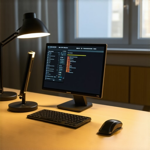 A high-tech home office with smart LED lamps and calibration software on screen.