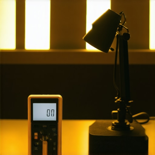 Person using a light meter in a modern office with adjustable LED lights