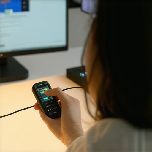 Person using a lux meter to measure LED desk lamp brightness in a modern office.