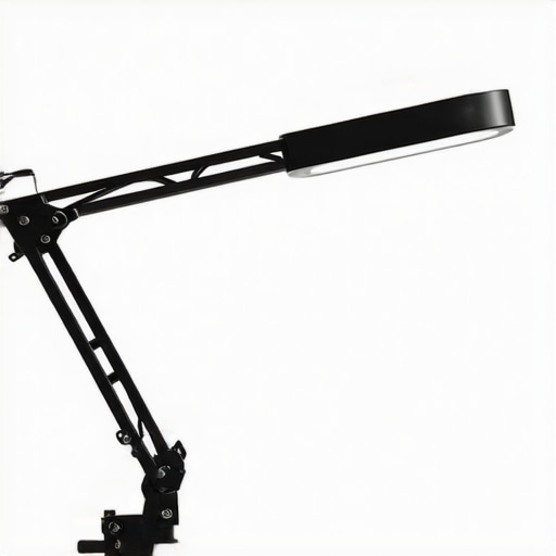 A sleek, modern LED desk lamp displaying adjustable brightness and color controls on a digital screen with a clean workspace background